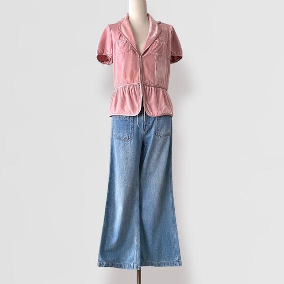 Y2K Silk Velvet Peplum Top Banana Republic 12 Pink Coquette Puff Short Sleeves - Picture 6 of 7